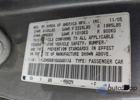 2006 Honda Accord 2.4 Ex из США, поврежденный, VIN 1HGCM56816A046114